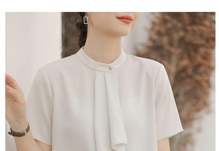 Ruffle Trim Stand Collar Short Sleeve Blouse Product Image