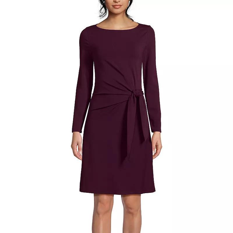 Women's Lands' End Long Sleeve Boatneck Tie-Waist Mini Dress, Size: Medium, Green Dot Floral Product Image