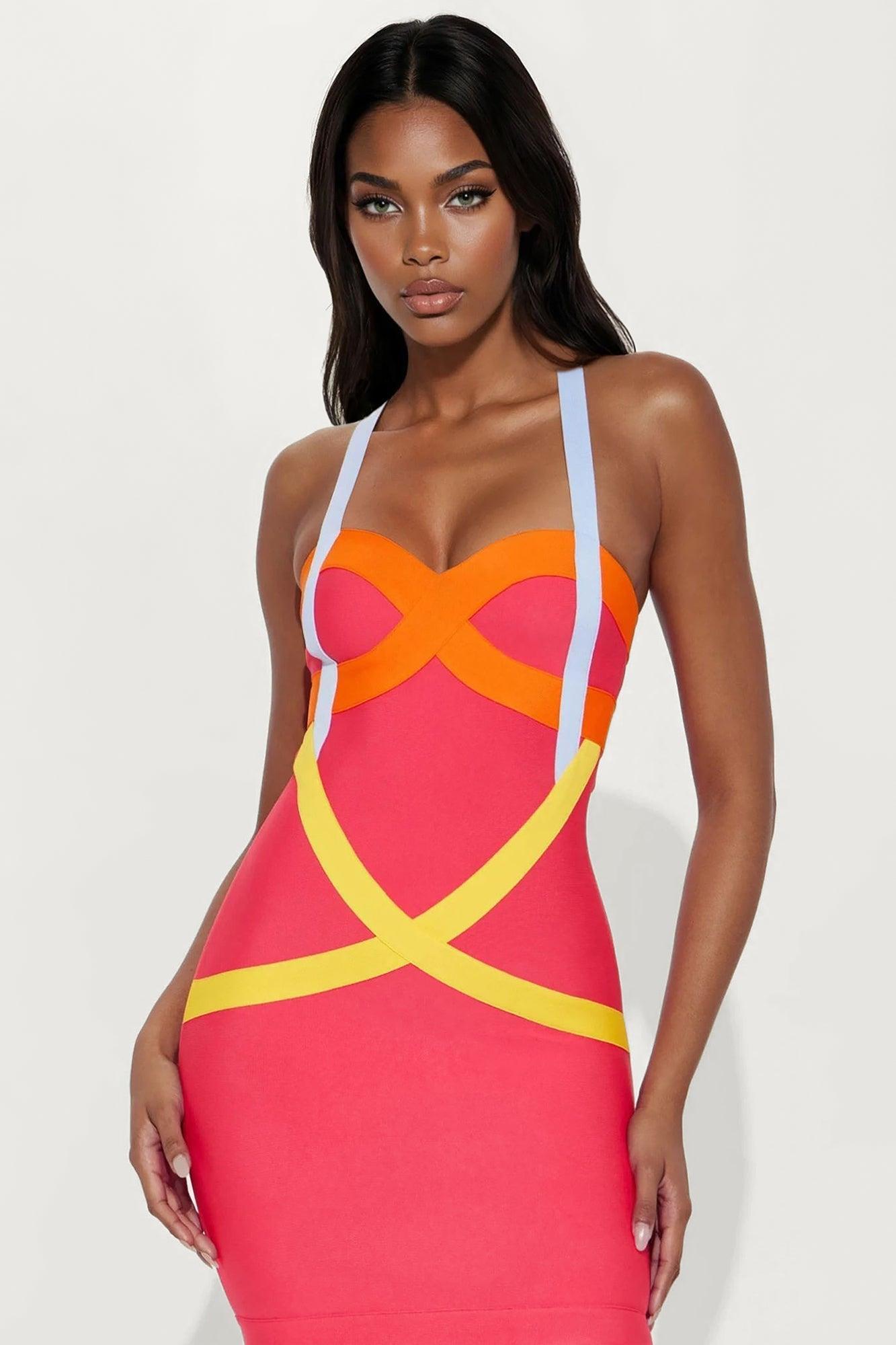 A Night In The City Bandage Midi Dress - Pink/combo Product Image