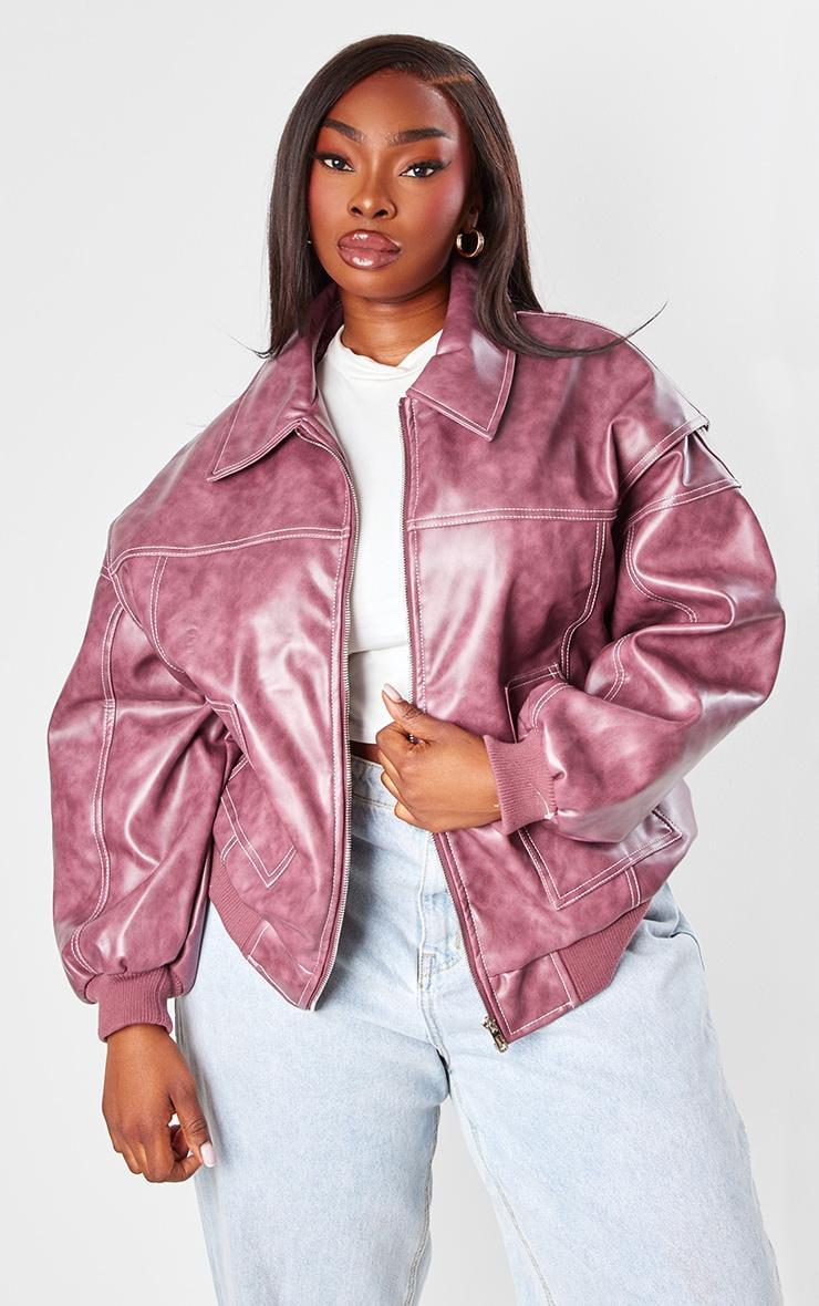 Plus Cherry Red Stitch Detail Washed Faux Leather Bomber Jacket Product Image