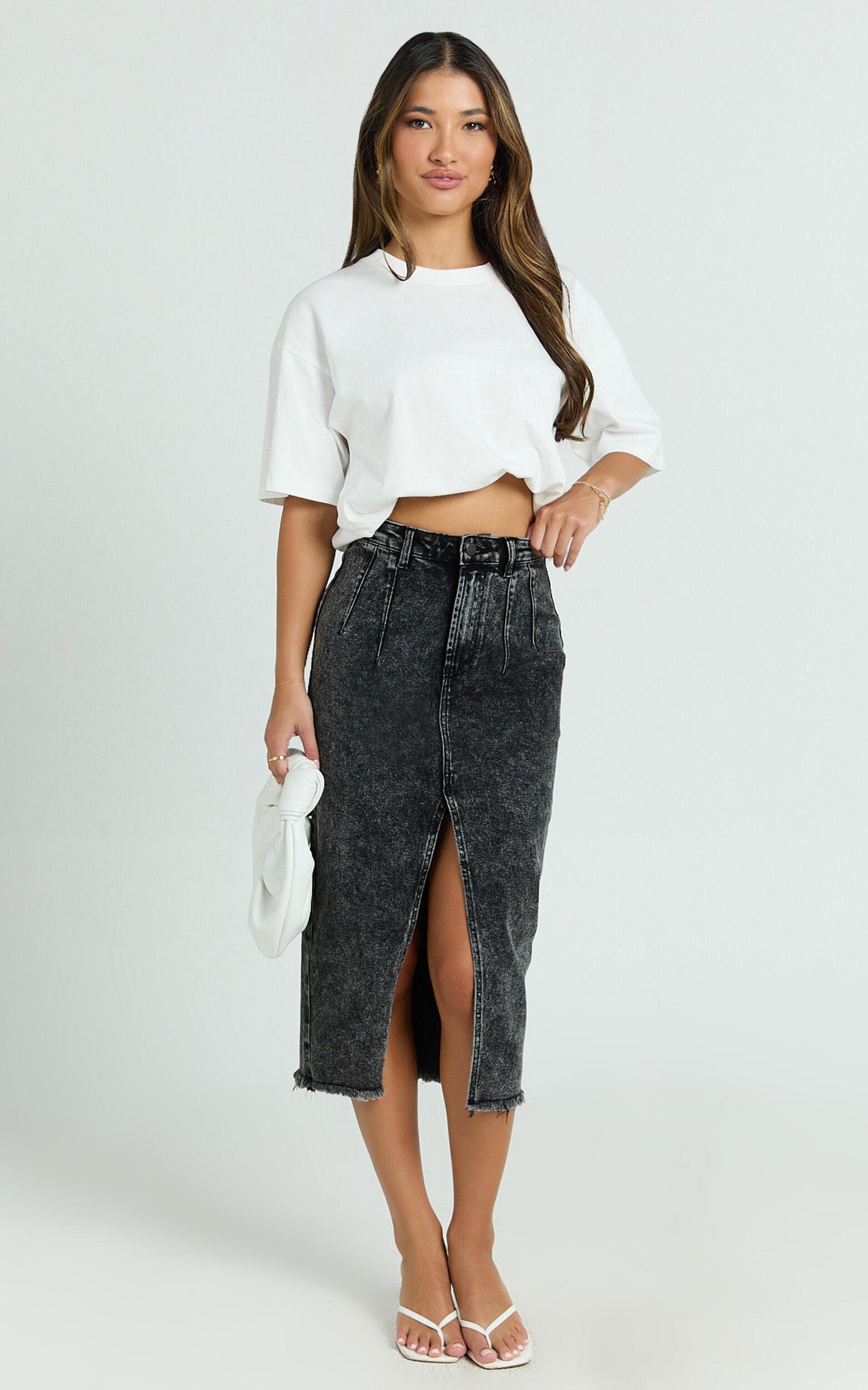 Janeve Midi Skirt - Front Split Denim Skirt in Black Acid Wash Product Image