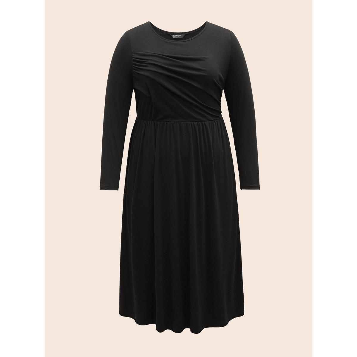 Plus Size Supersoft Essentials Boat Neck Gathered Dress Pureblack Women Casual Gathered Boat Neck Long Sleeve Curvy BloomChic 26/4X Product Image