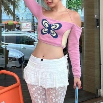 Long Sleeve Cold Shoulder Butterfly Print Crop Knit Top Product Image