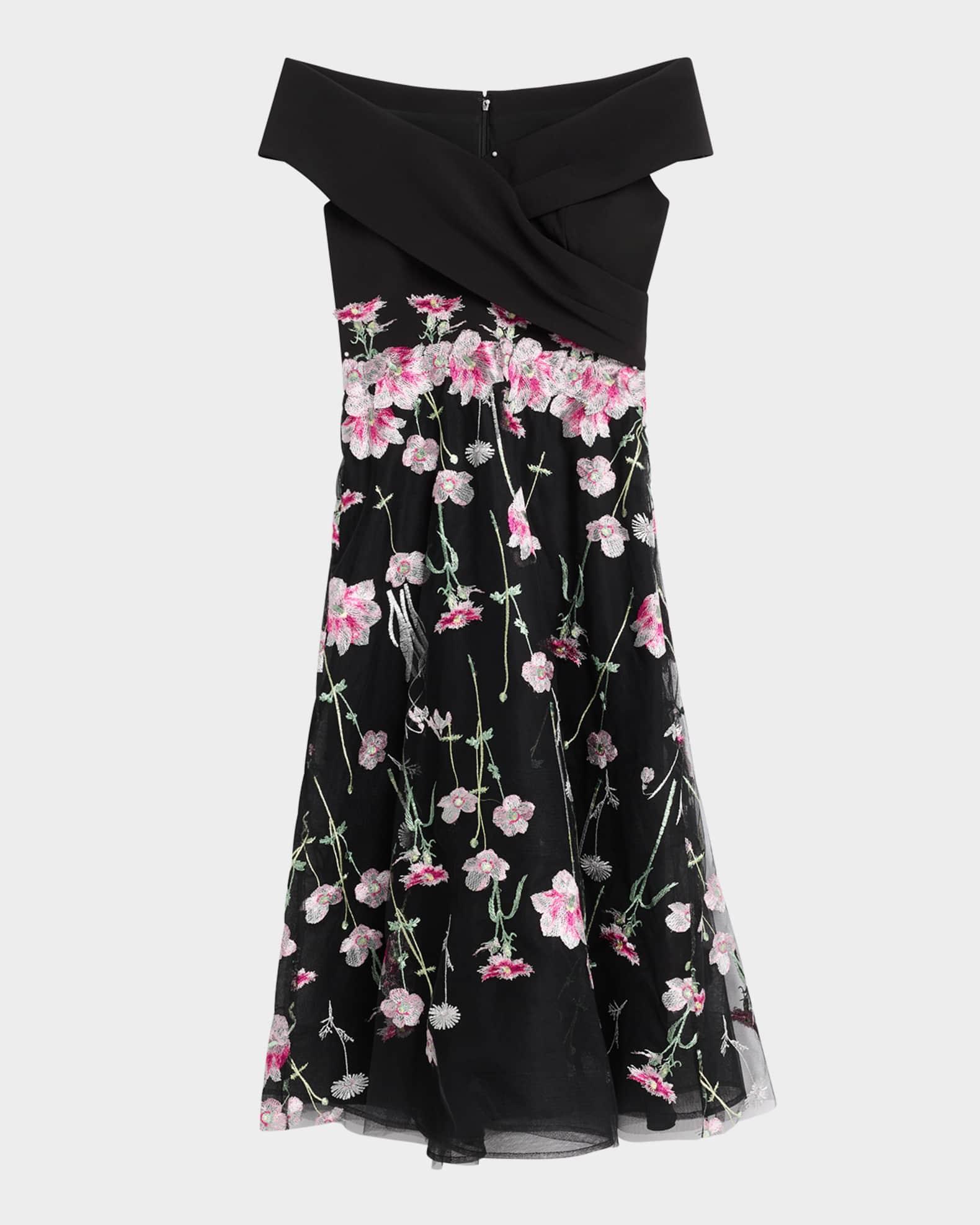 Off-Shoulder Embroidered Tulle Midi Dress Product Image