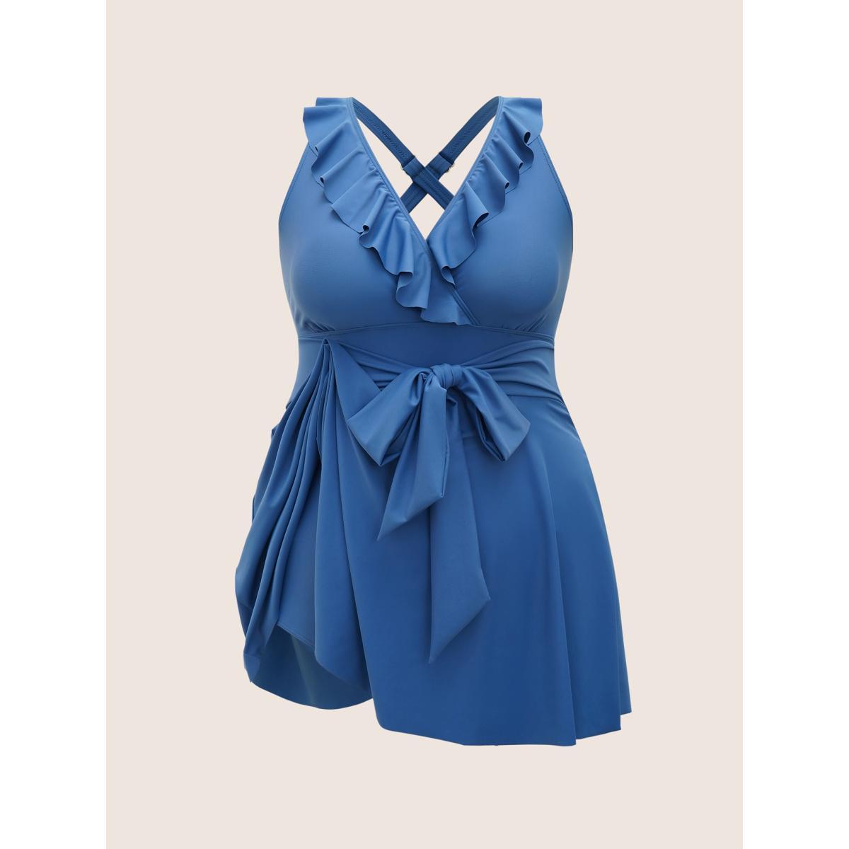 Plus Size Solid Ruffle Trim Tie Knot Swim Dress Women's Swimwear Cerulean Beach Bodycon V-neck High stretch Curve Swim Dresses BloomChic 28/5X Product Image