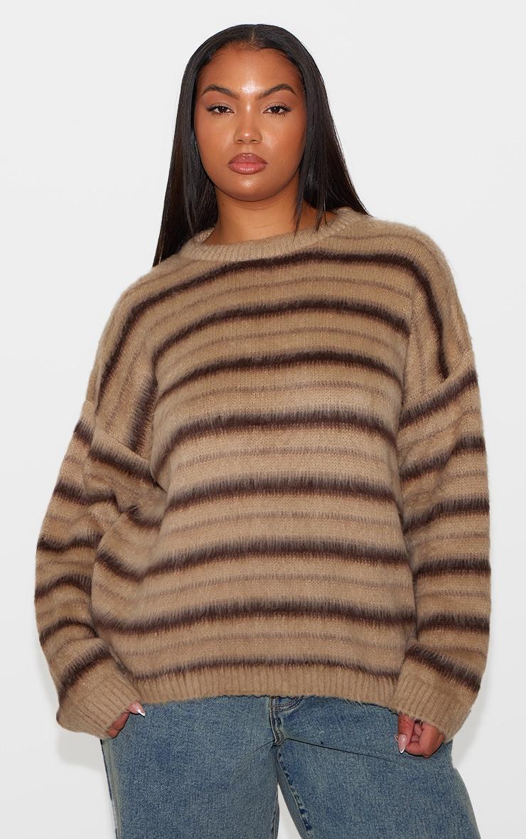 Plus Brown Stripe Fluffy Knit Oversized Sweater Product Image