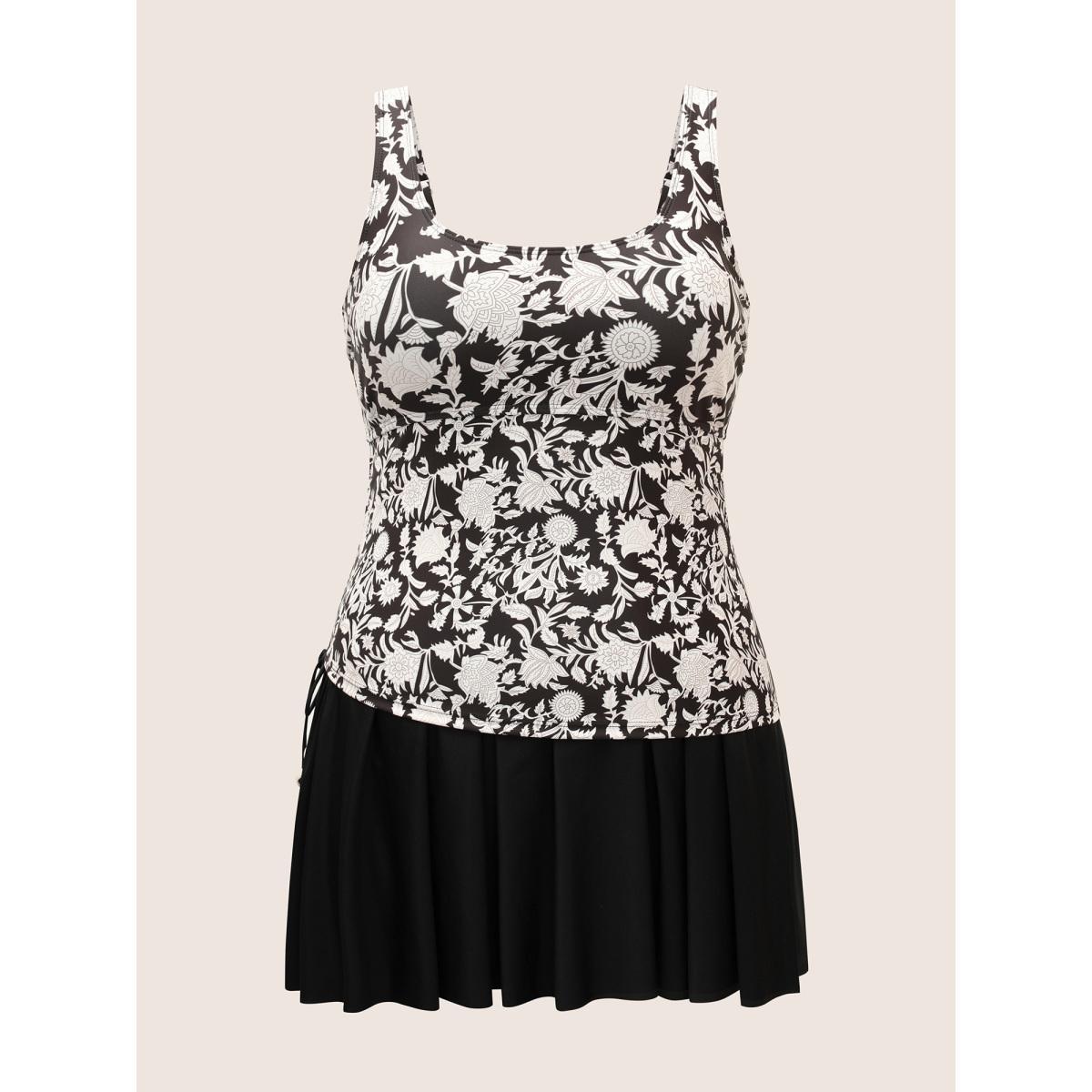 Plus Size Natural Flowers Tie Knot Drawstring Swim Dress Women's Swimwear Black Beach Bodycon U-neck High stretch Curve Swim Dresses BloomChic 18-20/2X Product Image