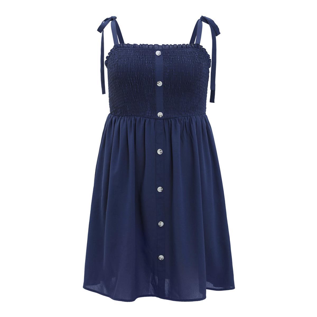 Plus Size Plain Button Detail Pocket Shirred Ruffles Knot Cami Dress Indigo Women Elegant Frill Trim Spaghetti Strap Sleeveless Curvy Knee Dress BloomChic 18-20/2X Product Image