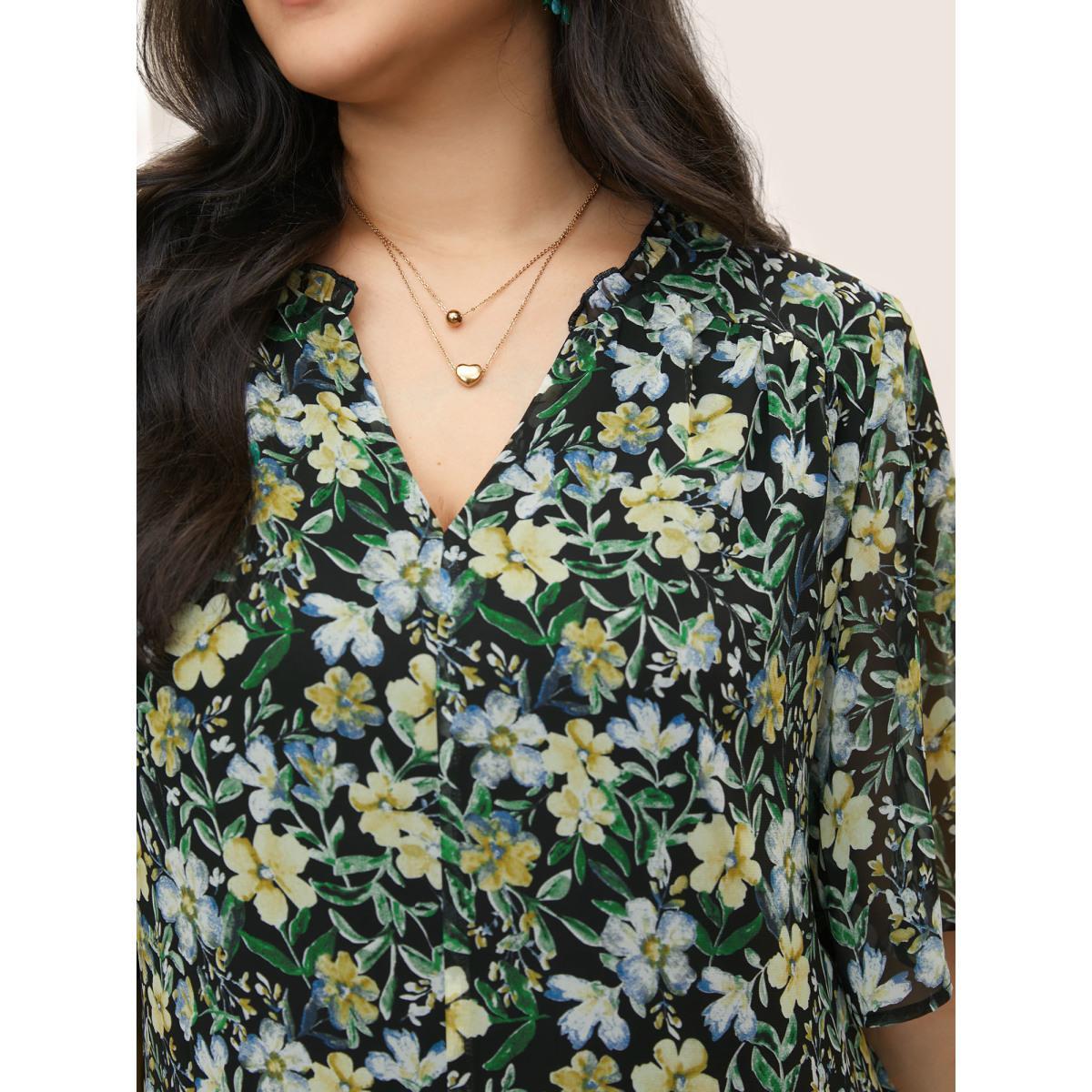 Plus Size Black Floral Frill Trim Flutter Sleeve Blouse Women Elegant Half Sleeve V-neck Everyday Blouses BloomChic 14-16/1X Product Image