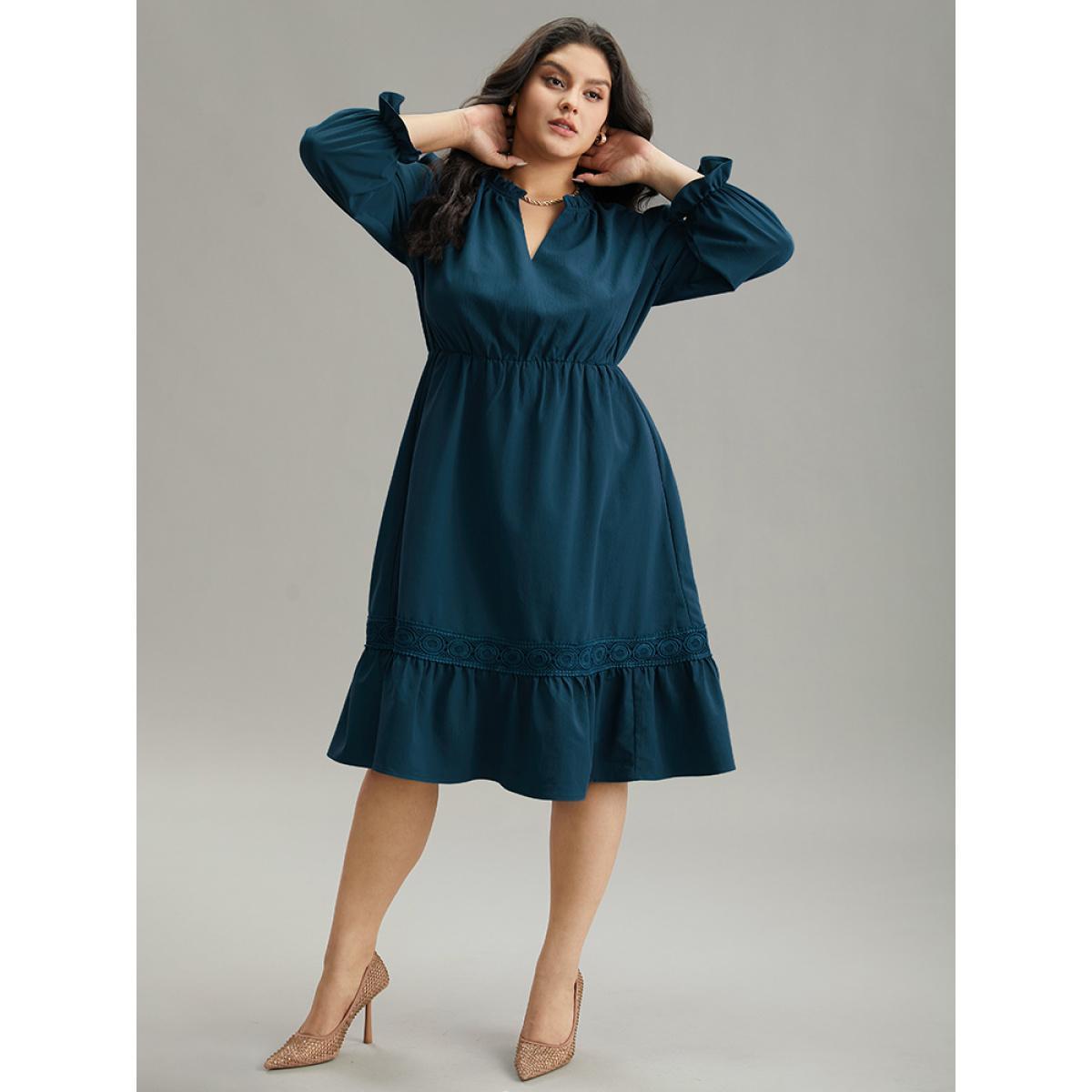 Plus Size Solid Frill Trim Guipure Lace Flutter Sleeve Dress Black Women At the Office Plain Notched collar Long Sleeve Curvy Midi Dress BloomChic 10/M Product Image