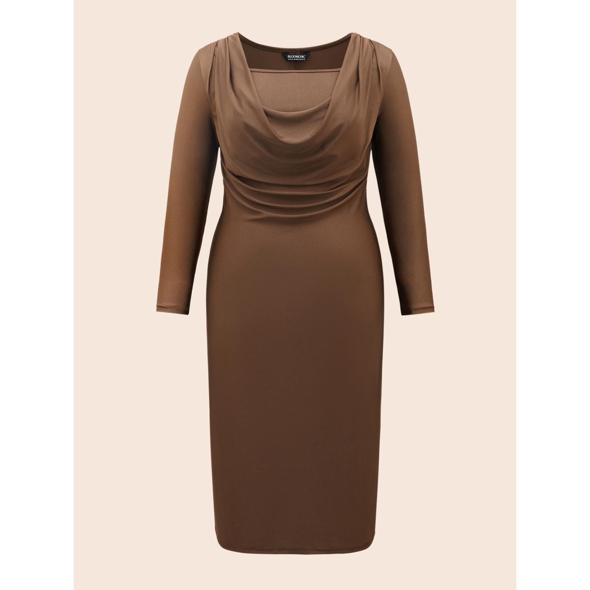 Plus Size Solid Cowl Neck Bodycon Dress Browncoffeecolor Women Elegant Pleated Cowl Neck Long Sleeve Curvy BloomChic 14-16/1X Product Image