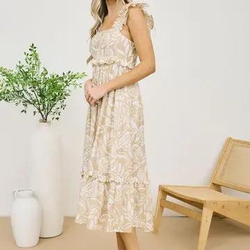 Taupe Tropical Print Ruffle Detail Midi Dress Female Product Image