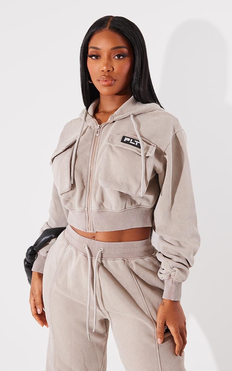 PRETTYLITTLETHING Shape Taupe Washed Cargo Cropped Hoodie Product Image