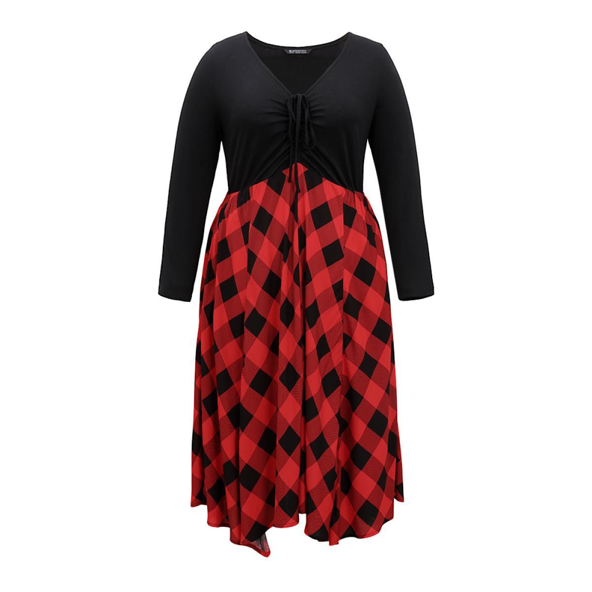 Plus Size Plaid Ruched Drawstring Asymmetrical Hem Dress Black Women Casual Printed Tie Neck Long Sleeve Curvy Midi Dress BloomChic 18-20/2X Product Image