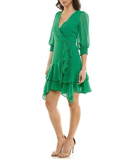 Moda Tara Smocked 3/4 Sleeve V-Neck Wrap Dress Product Image