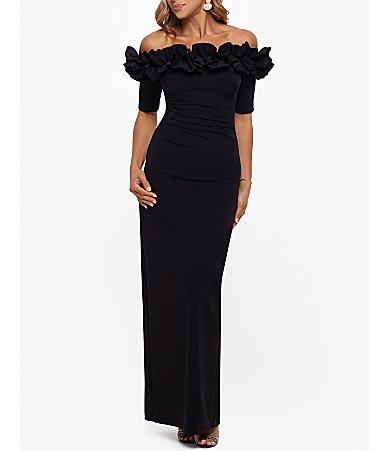 Xscape Petite Size Ruffled Off-the-Shoulder Short Sleeve Crepe Sheath Gown Product Image
