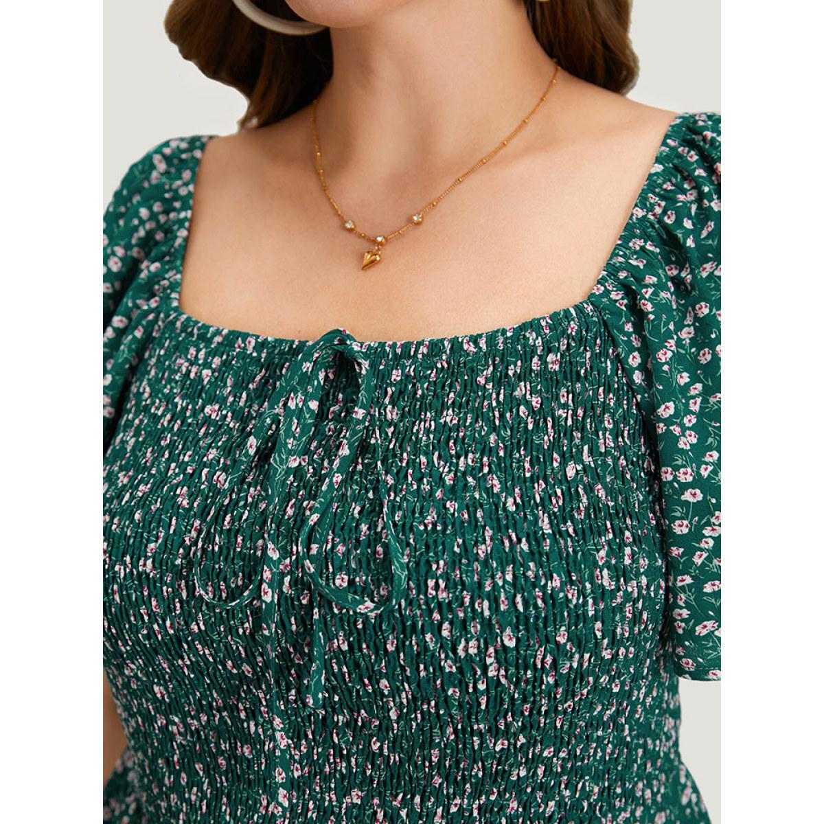 Plus Size Ditsy Floral Shirred Bowknot Pocket Wrap Hem Dress Teal Women Elegant Wrap Square Neck Short sleeve Curvy Midi Dress BloomChic 10/M Product Image