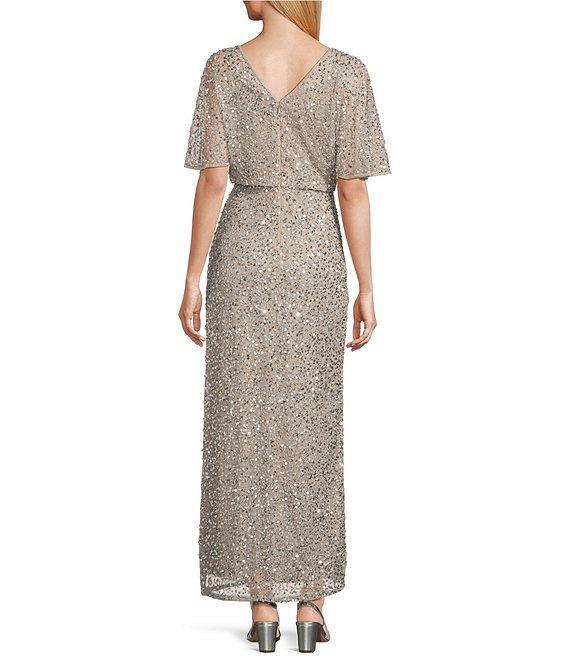 Pisarro Nights Petite Size Short Caplet Sleeve V-Neck Long Beaded Dress Product Image