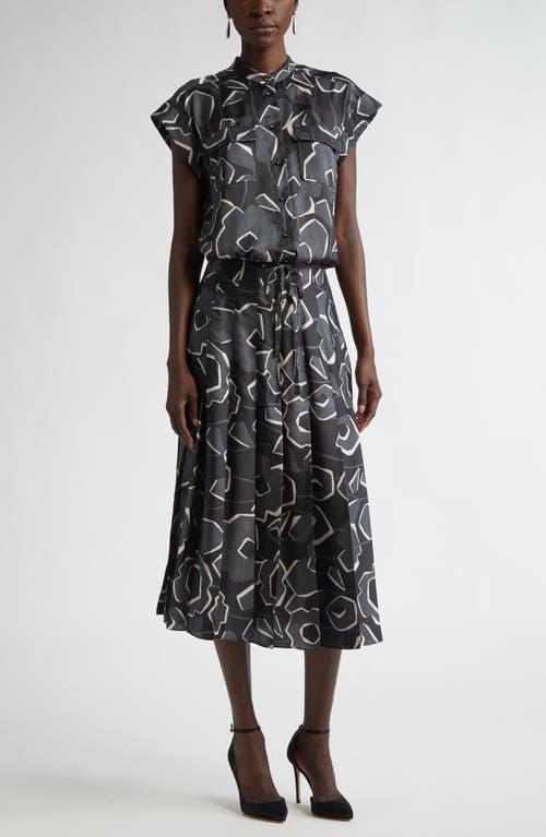 ST JOHN Cubist Floral-print Cap-sleeve Top In Black/shadow Multi Product Image