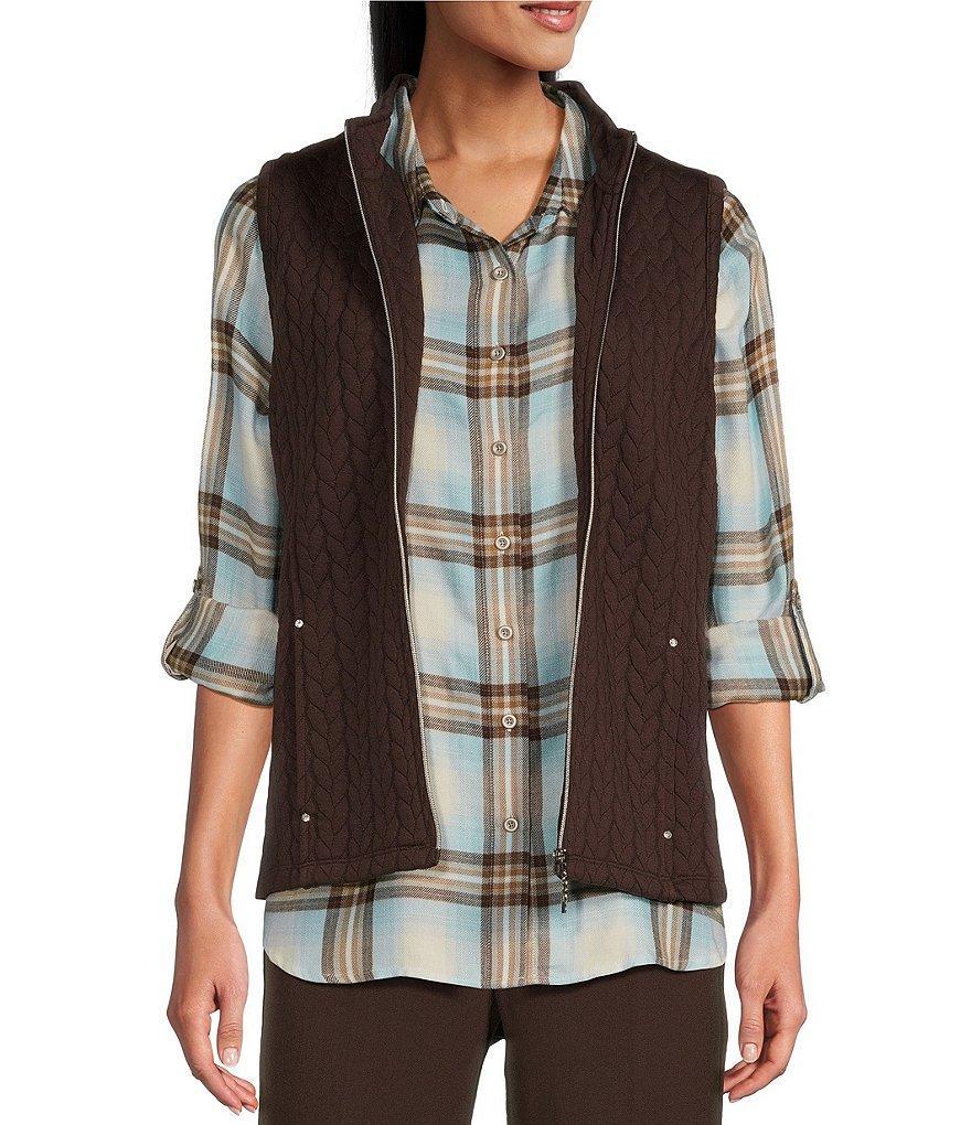 Allison Daley Sleeveless Full Zip Up Embellished Cable Knit Quilted Vest Product Image