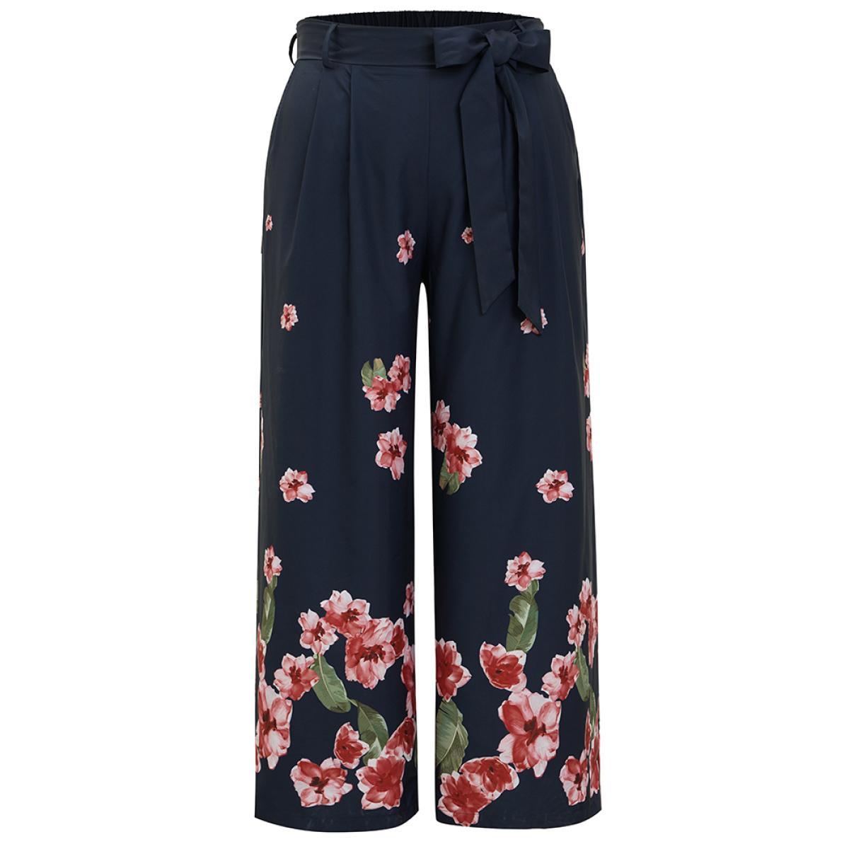 Plus Size Floral Wide Leg Pocket Pleated Detail Belt Pants Women Midnight Elegant Mid Rise Dailywear Pants BloomChic 18-20/2X Product Image