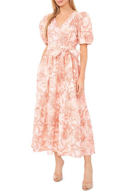 CeCe Printed Linen Puff Sleeve V-Neck Maxi Dress (Sweet Rose) Women's Dress Product Image