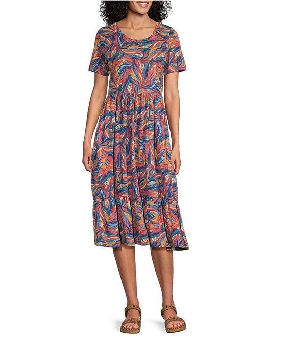 Intro Cotton Slub Jersey Printed Scoop Neck Short Sleeve A-Line Tiered Hem Dress Product Image