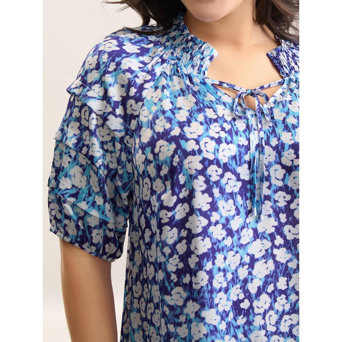 Plus Size Multicolor Cloud Print Shirred Collar Tiered Sleeve Blouse Women Half Sleeve Notched collar Everyday-Elegant Blouses BloomChic 28/5X Product Image