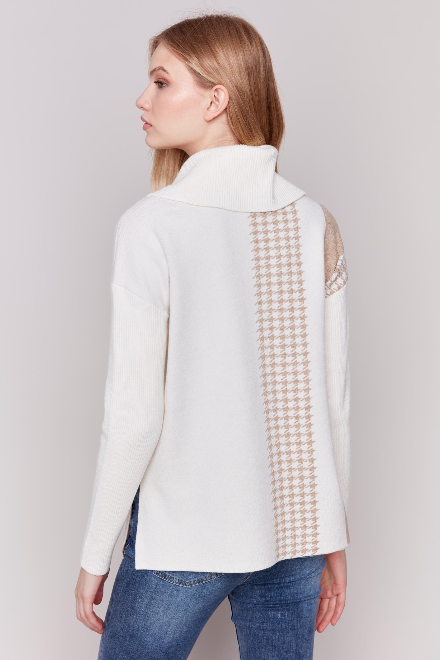 Jacquard Houndstooth Stripe Design Cowl-Neck Sweater Product Image