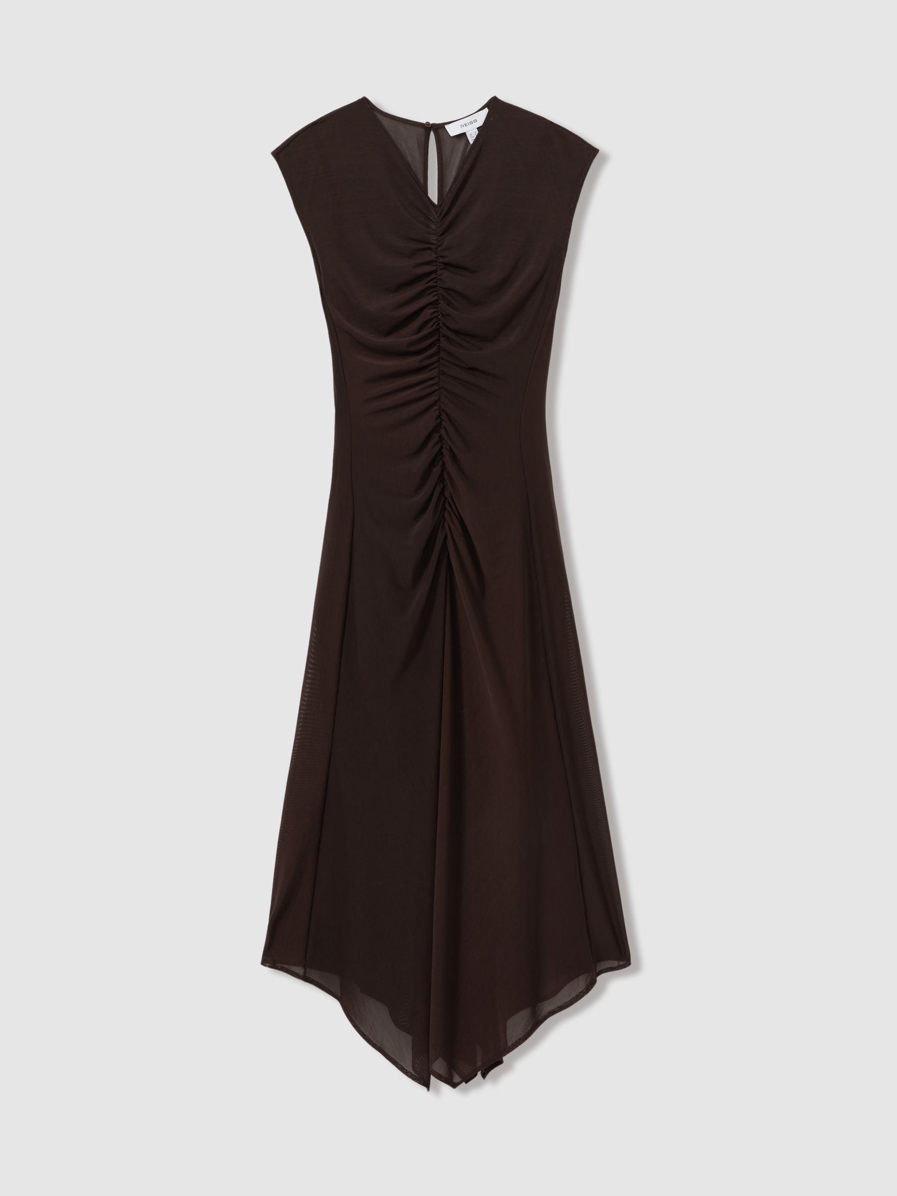 Petite Mesh Ruched Midi Dress in Chocolate Product Image