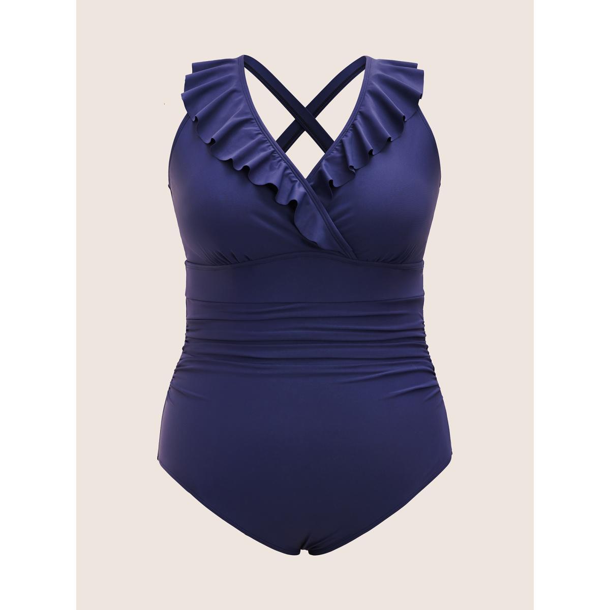 Plus Size Plain Ruffle Trim Gathered One Piece Swimsuit Women's Swimwear Navy Beach Gathered Curve Bathing Suits High stretch One Pieces BloomChic 18-20/2X Product Image