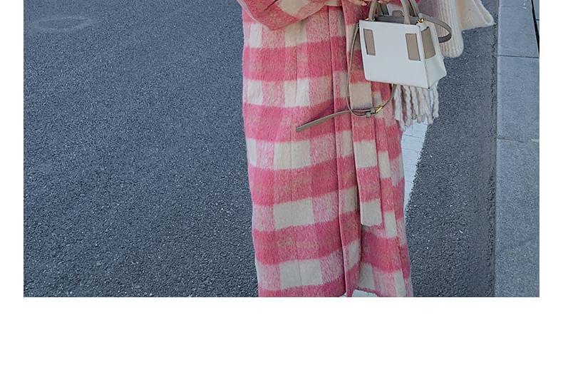 Lapel Collar Plaid Tie Waist Long Coat Product Image