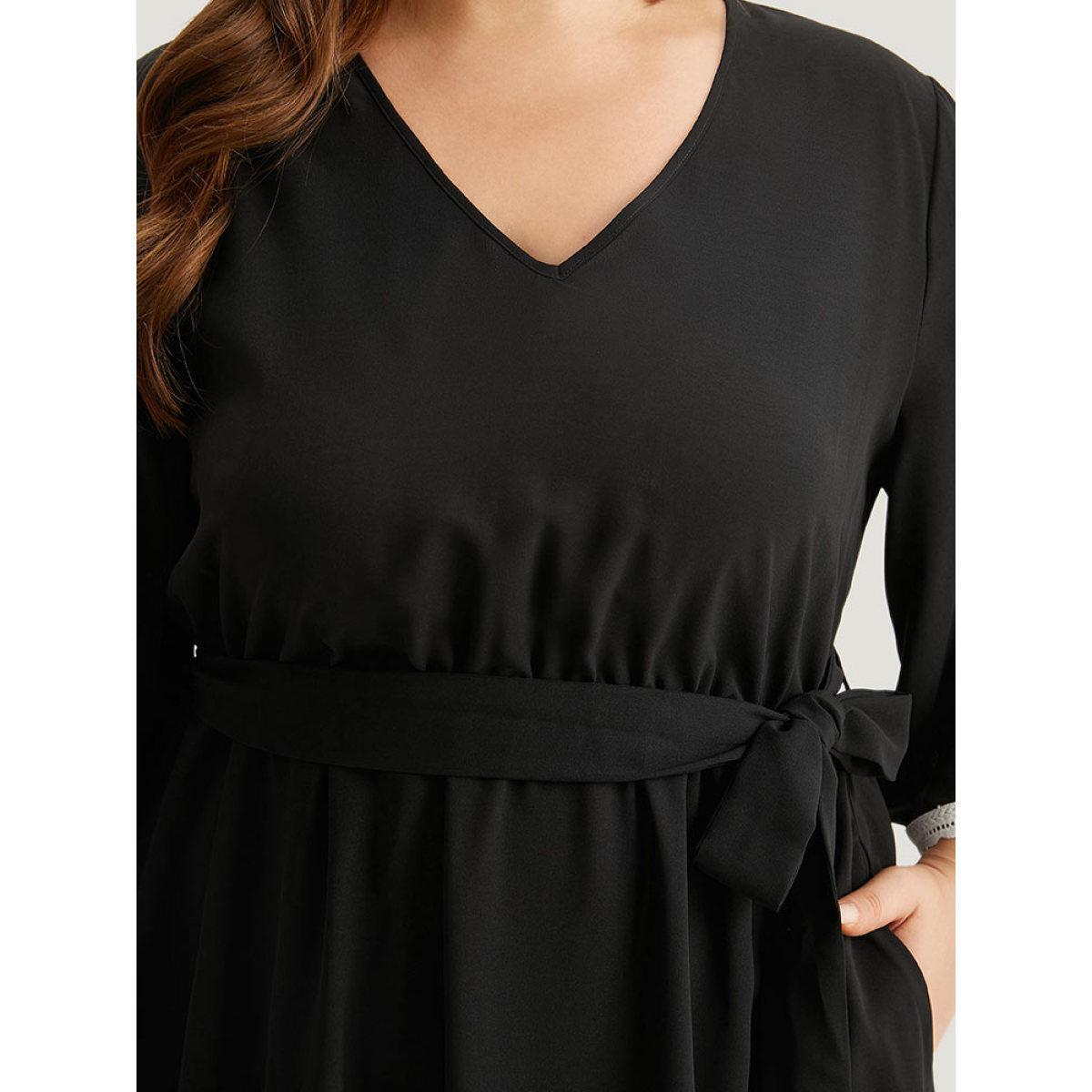 Plus Size V Neck Pocket Patchwork Contrast Belted Dress Black Women Elegant Plain V-neck Elbow-length sleeve Curvy Midi Dress BloomChic 18-20/2X Product Image