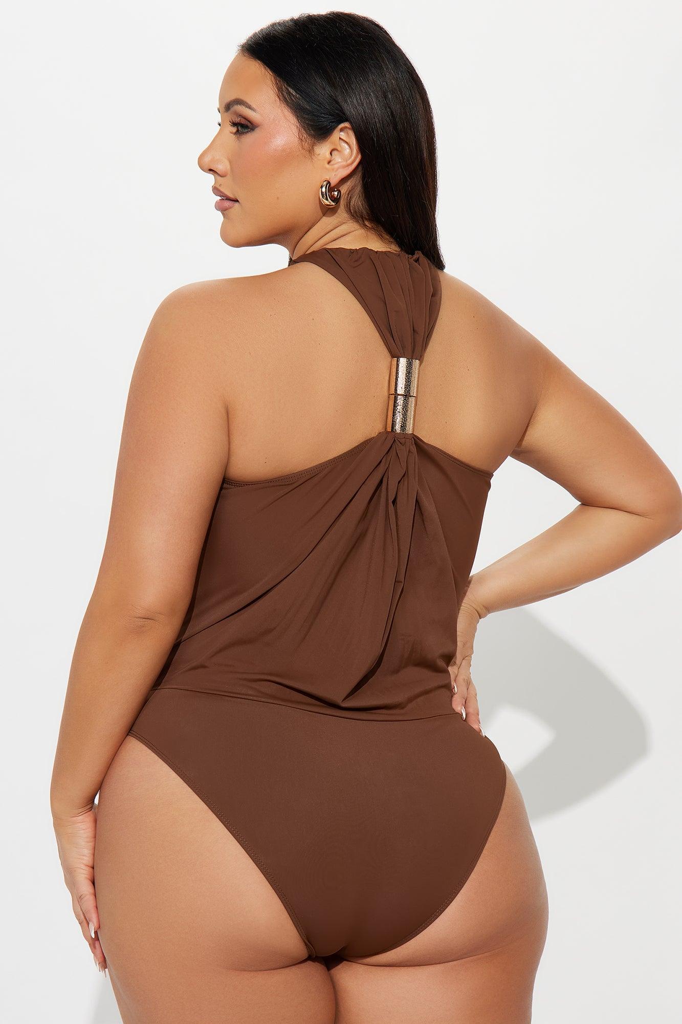 Beverly Y-Neck Ruched Bodysuit - Chocolate Product Image