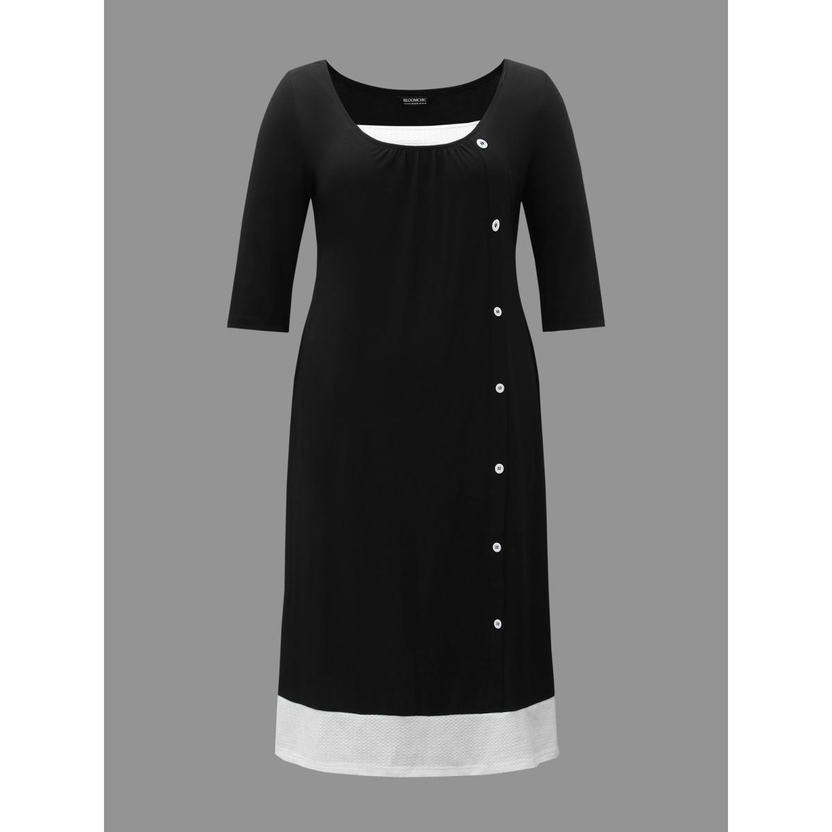 Plus Size Square Neck Color Block Button Detail Dress Black Women Elegant Gathered Knit Dresses Bloomchic 14-16/1X Product Image