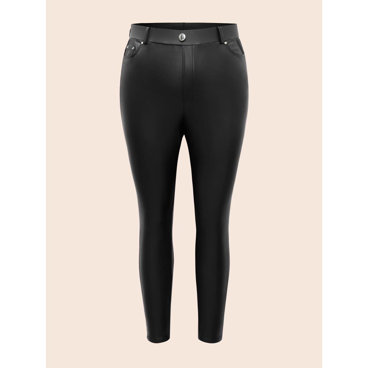 Plus Size PU Leather Button Detail Mid Rise Pants Women Black Casual Skinny Mid Rise Everyday Pants BloomChic 28/5X Product Image