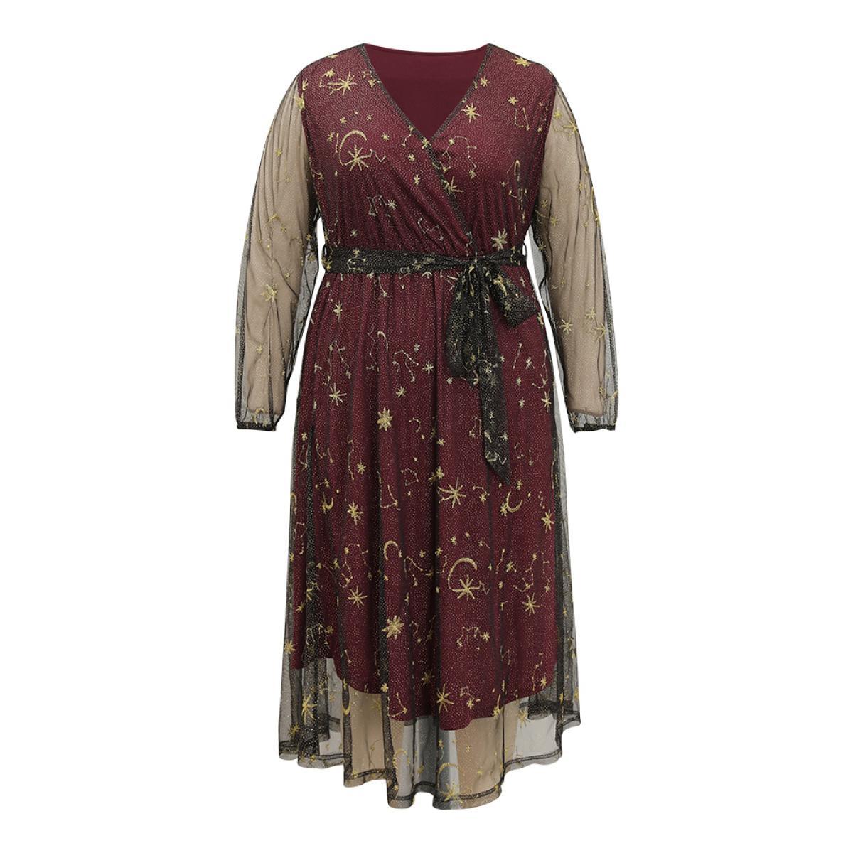 Plus Size Moon & Star Embroidered Mesh Wrap Dress Scarlet Women Party Elastic cuffs Overlap Collar Long Sleeve Curvy Midi Dress BloomChic 14-16/1X Product Image