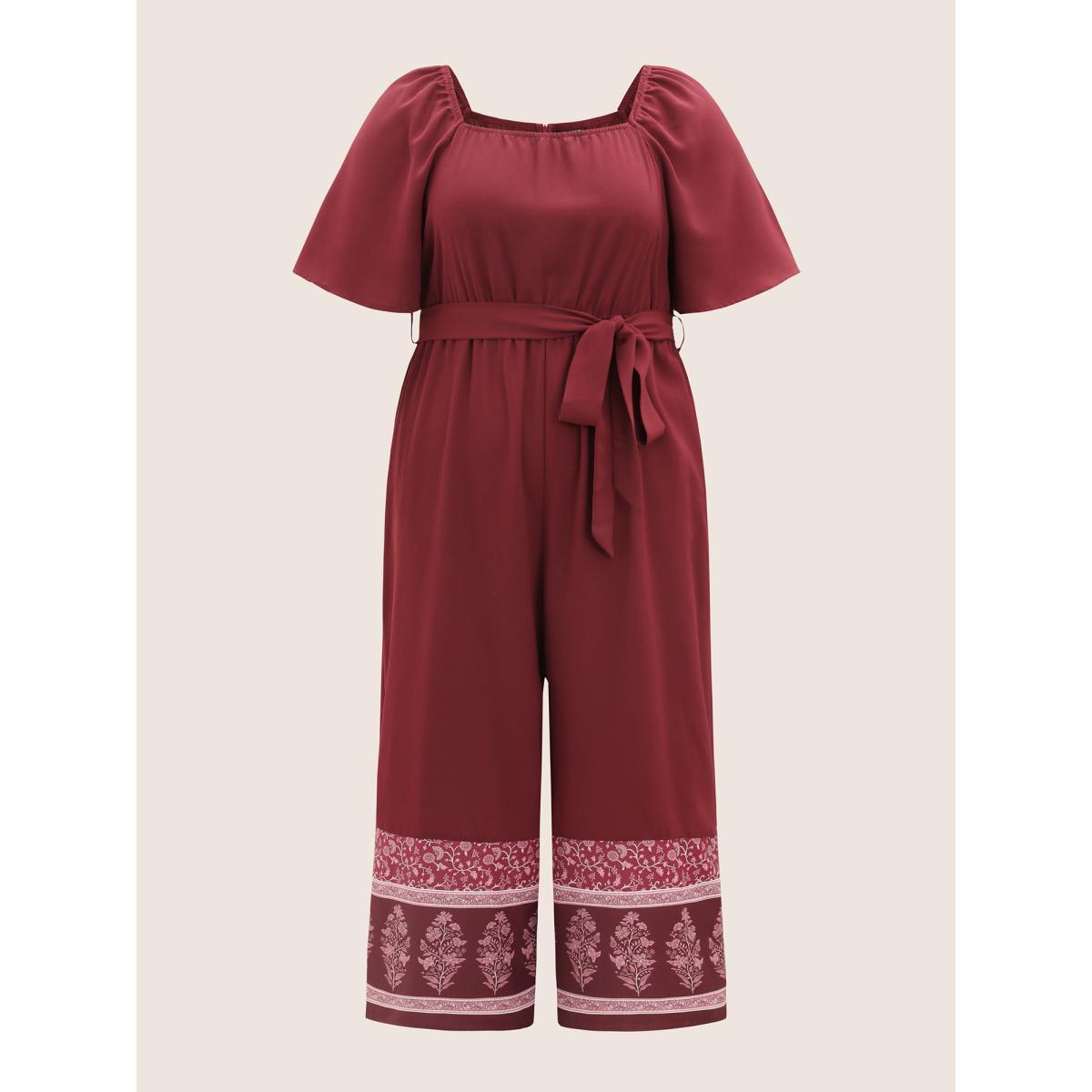 Plus Size Burgundy Bandana Print Gathered Belted Square Neck Jumpsuit Women Resort Short sleeve Square Neck Vacation Loose Jumpsuits BloomChic 22-24/3X Product Image