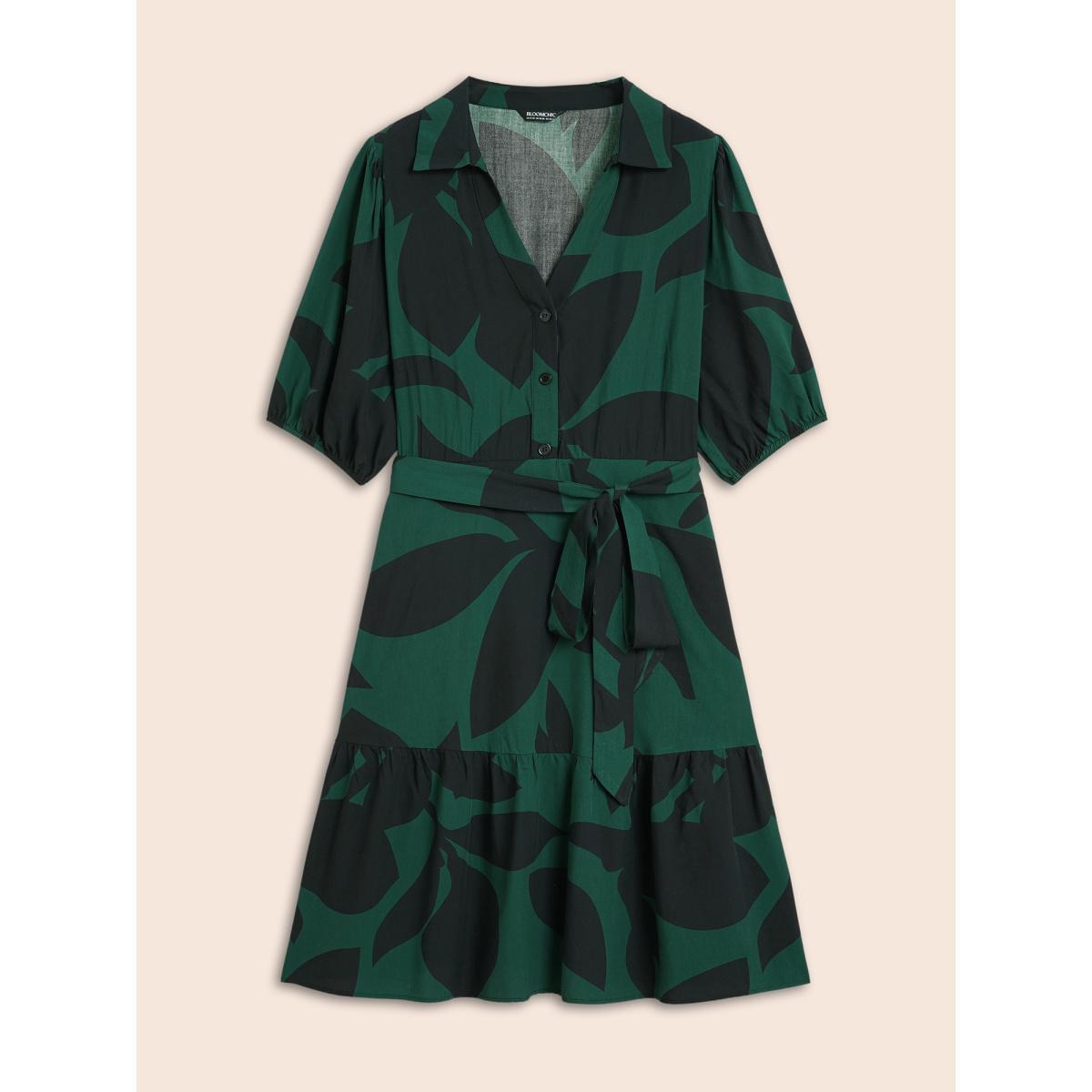 Plus Size Plant Pocket Puff Sleeve Belt Ruffle Hem Button Up Dress DarkGreen Women Office Belted Shirt collar Short sleeve Curvy Knee Dress BloomChic 14-16/1X Product Image