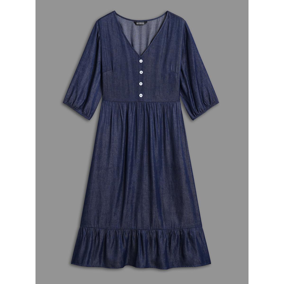 Plus Size V-Neck Button Tiered Maxi Dress Mediumblue Women Casual Button V-neck Elbow-length sleeve Curvy BloomChic 22-24/3X Product Image