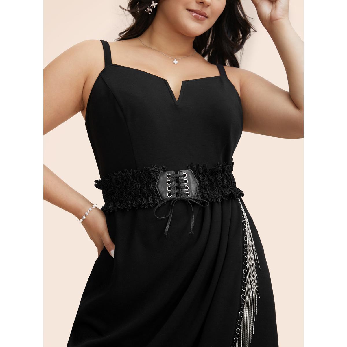 Plus Size Notched Collar Tassel Trim Cami Dress Black Women Cocktail Tassels Notched collar Sleeveless Curvy BloomChic 26/4X Product Image