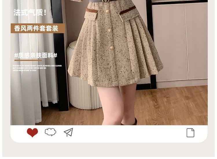 Long-Sleeve Ribbon Neck Tweed Mini A-Line Pleated Dress Product Image