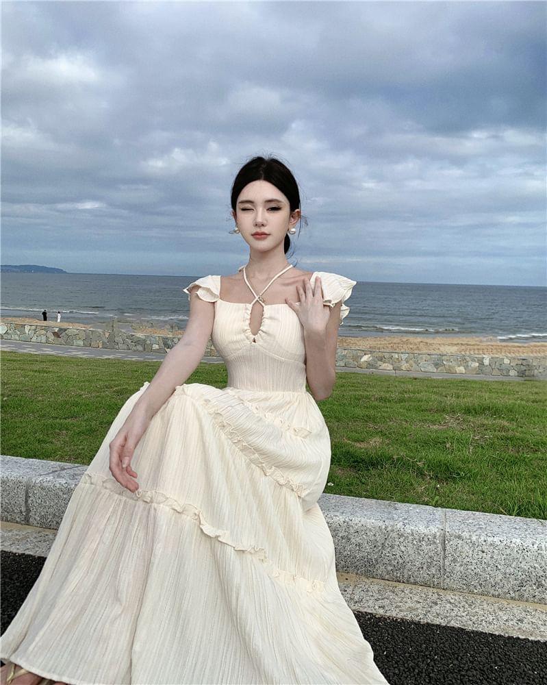 Cold-Shoulder Plain Ruffled Midi Sundress Product Image