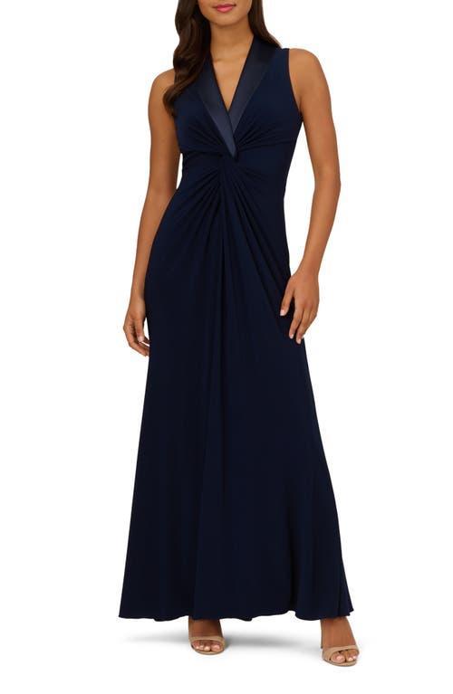 Adrianna Papell Stretch Jersey Tuxedo Surplice V-Neck Twisted Waist Sleeveless Gown Product Image
