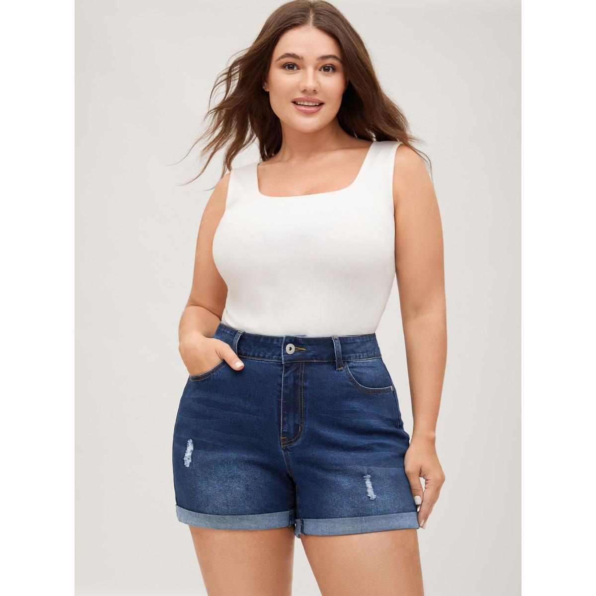 Plus Size Stretchy Ripped Skinny Fit Denim Shorts Women Darkindigo Distressed Medium stretch Everyday-Casual Slanted pocket Denim Shorts BloomChic 16/1X Product Image