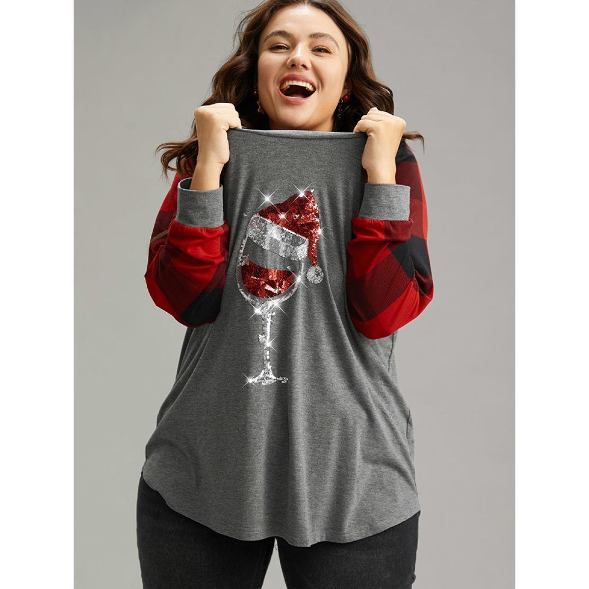 Plus Size Christmas Sequin Plaid Patchwork T-shirt Gray Women Casual Sequin Christmas Festival-Christmas T-shirts BloomChic 30/6X Product Image