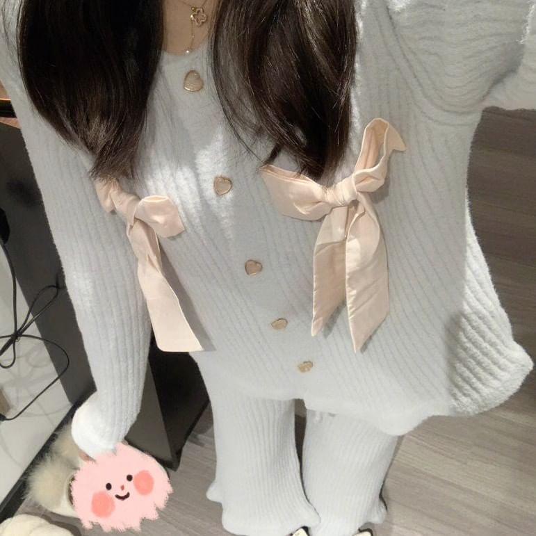 Pajama Set: Round Neck Bow Heart Button Cardigan + Straight Leg Pants Product Image