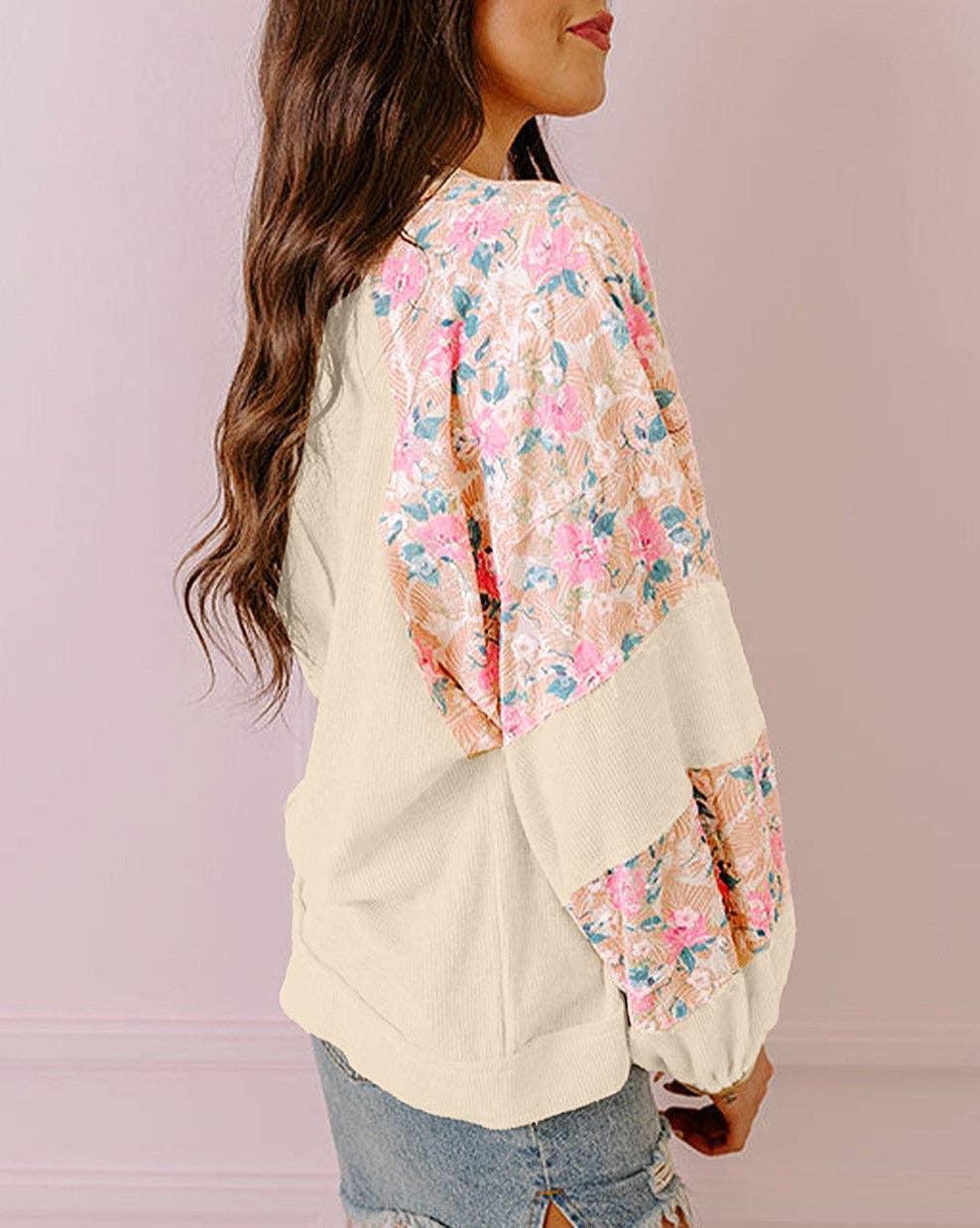 Floral Colorblock Balloon Sleeve Blouse: Beau Blue Product Image