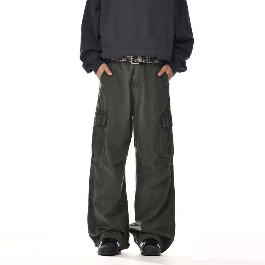 Mid Rise Plain Straight Leg Cargo Pants Product Image