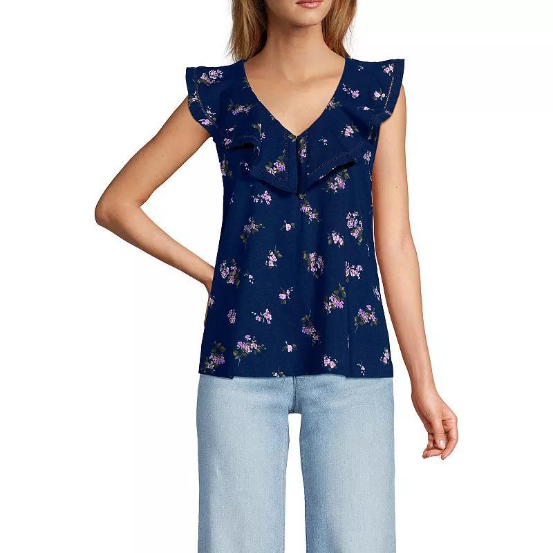 Women's Lands' End V-Neck Cascade Ruffle Top, Size: Large, Ivory Granite Floral Product Image